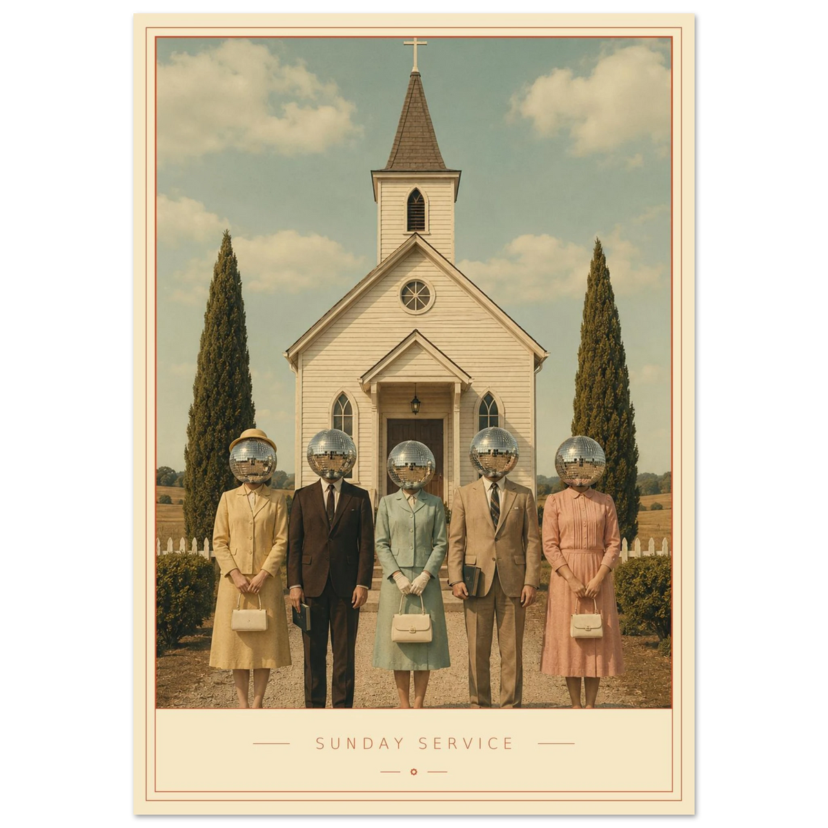 Sunday Service — mirrorball figures outside a white chapel, retro disco art print by WallDrip