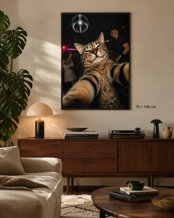 A framed vertical wall art print showing a close-up cat selfie scene with a disco ball, displayed above a wooden console in a styled living room. The print includes a size marker reading 70 x 100 cm.
