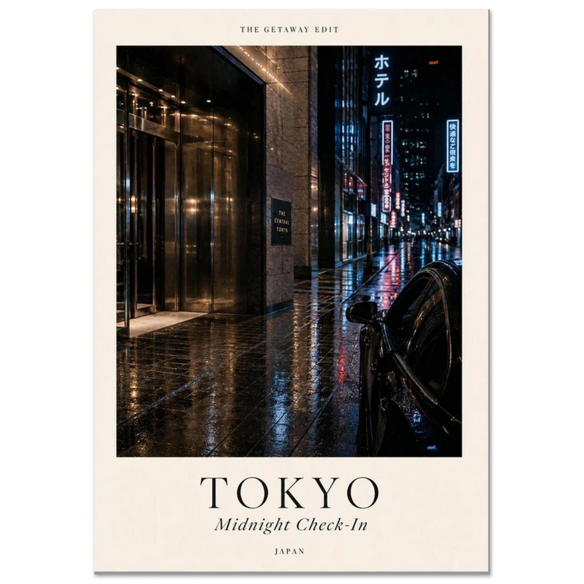 Tokyo, Midnight Check-In — neon rain-soaked street travel art print, moody WallDrip poster