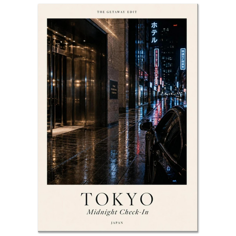 Tokyo, Midnight Check-In — neon rain-soaked street travel art print, moody WallDrip poster
