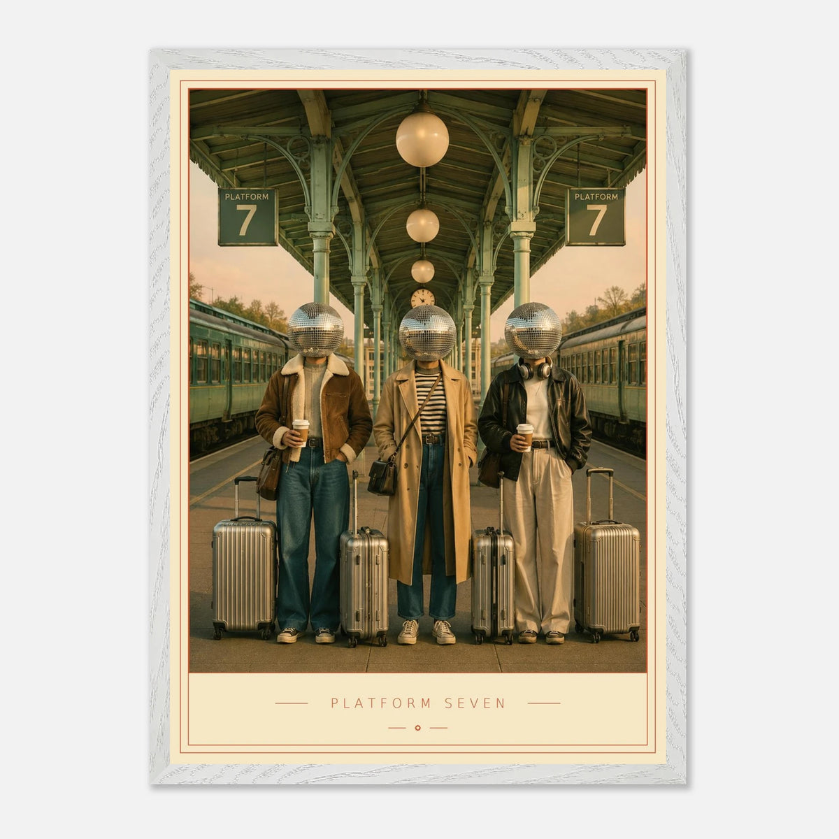 Platform Seven — mirrorball commuters in morning light, retro disco art print by WallDrip