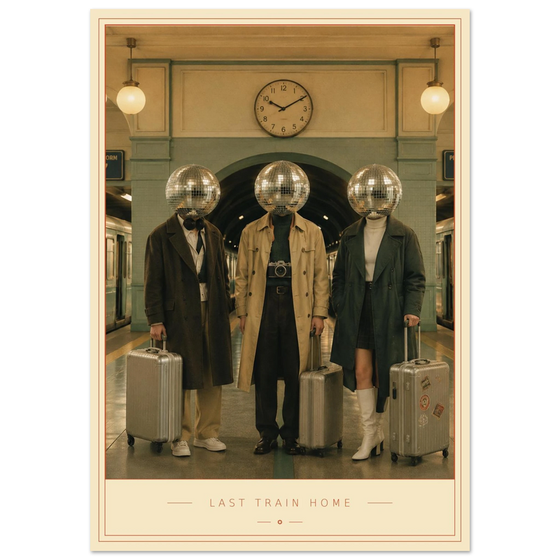 Last Train Home — mirrorball travellers on a lamp-lit platform, retro disco art print by WallDrip