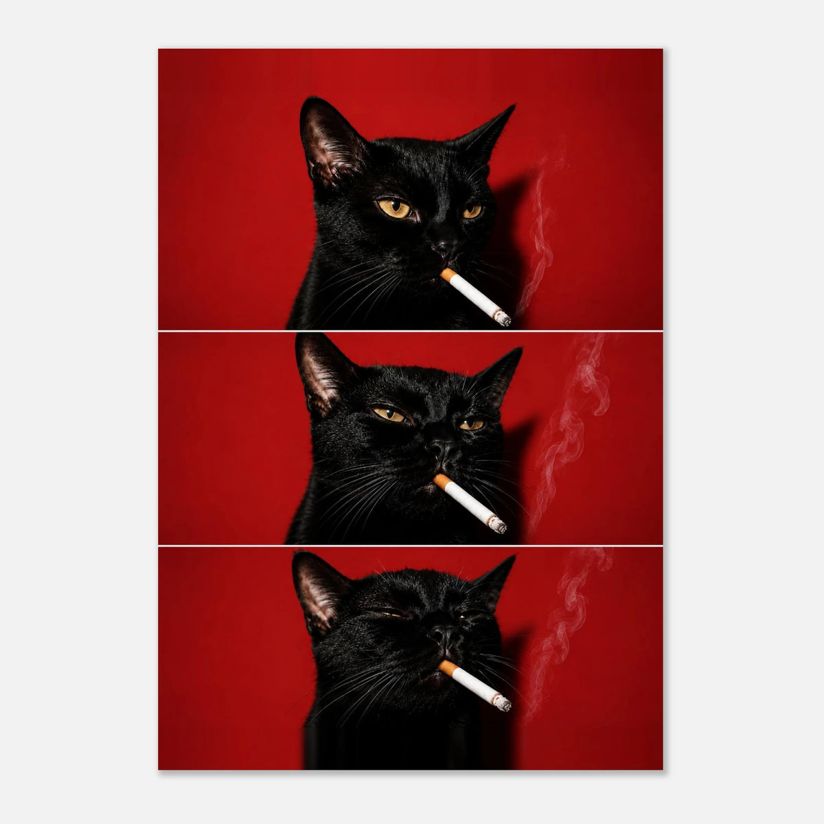Nine Lives Later — quirky black cat art print on a red background, WallDrip wall art poster