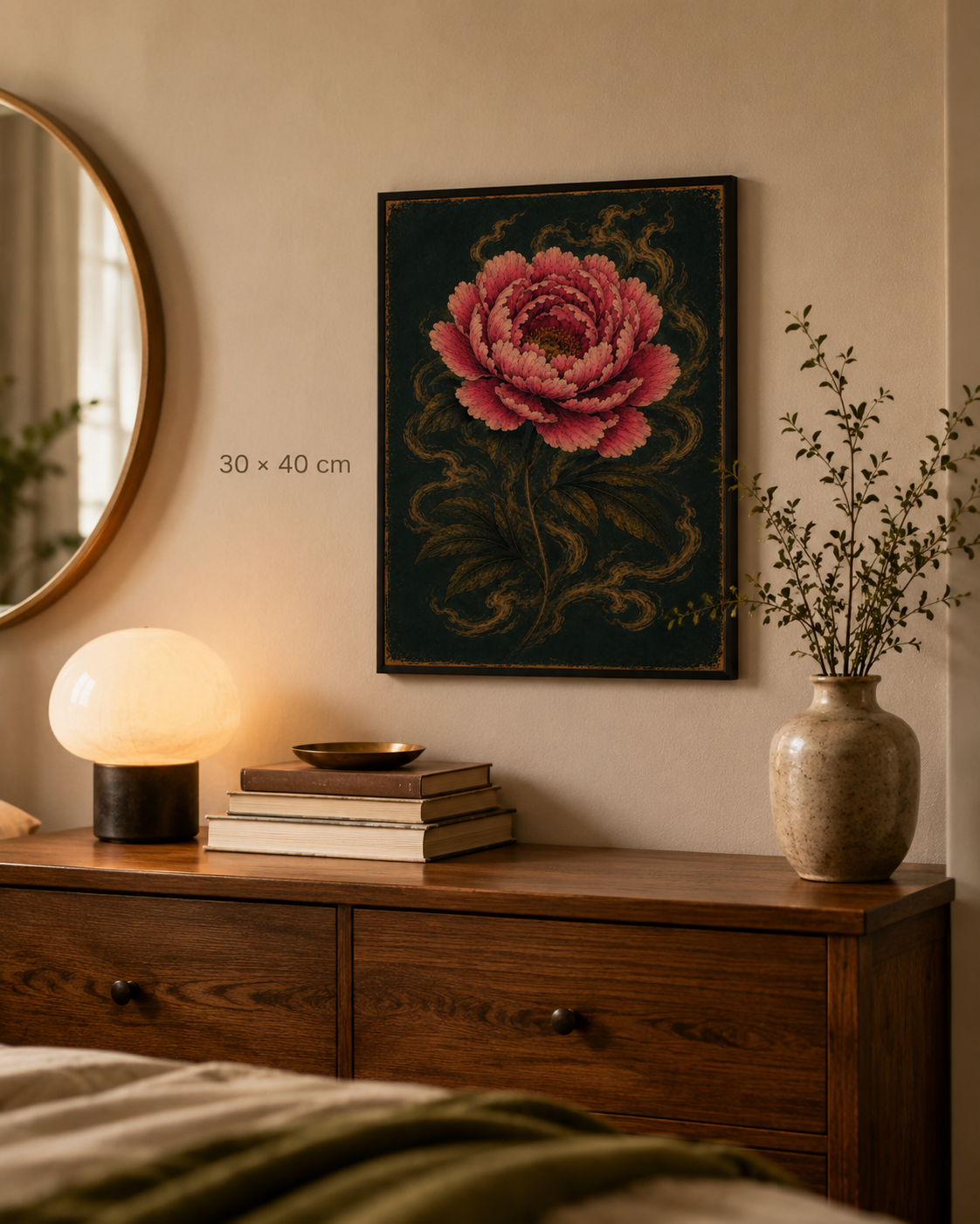 Feral Bloom — crimson peony on a dark ground, bold floral art print by WallDrip