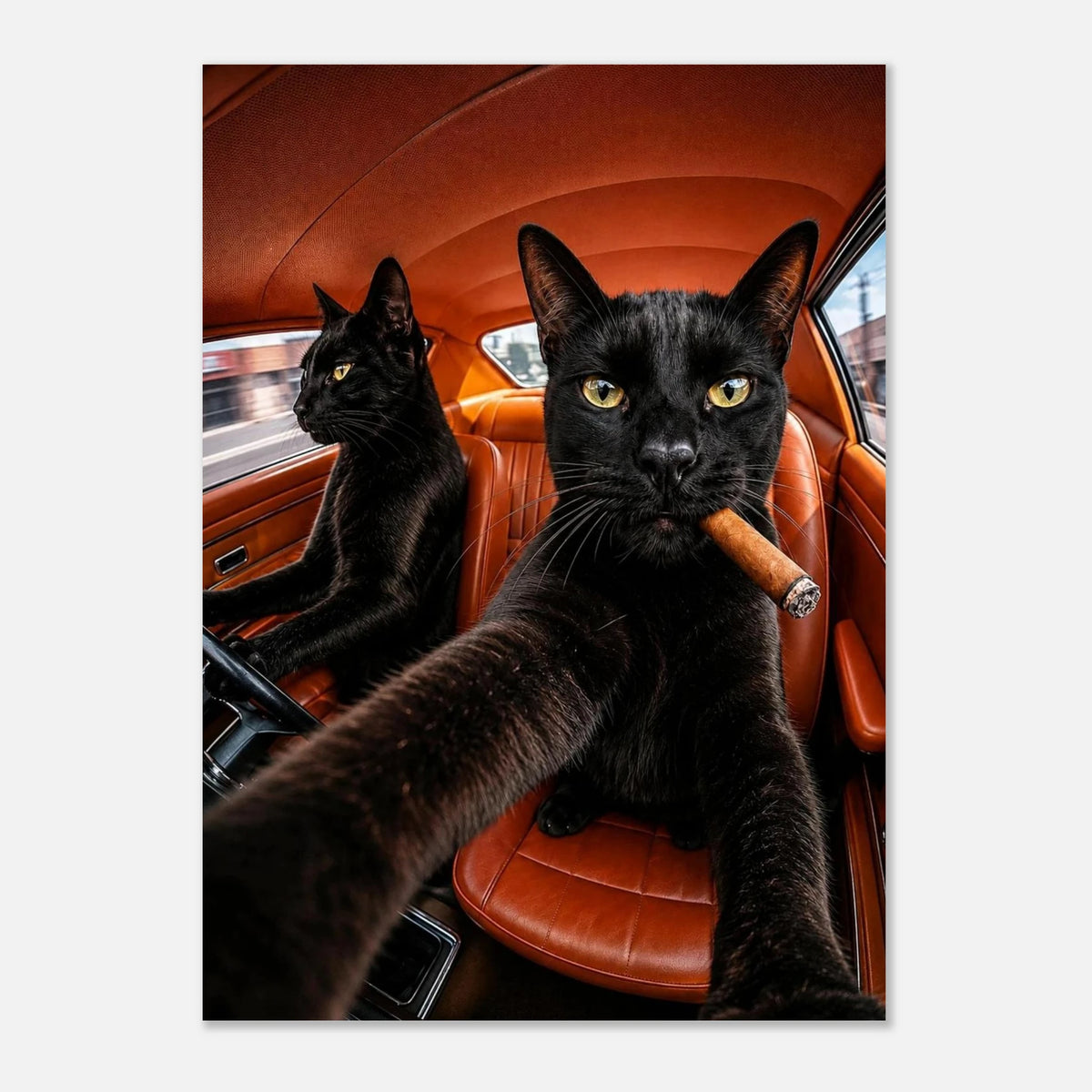 Ride or Pride — two black cats in a vintage car, bold WallDrip cat art print poster