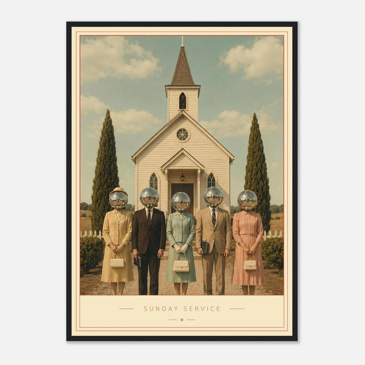 Sunday Service — mirrorball figures outside a white chapel, retro disco art print by WallDrip