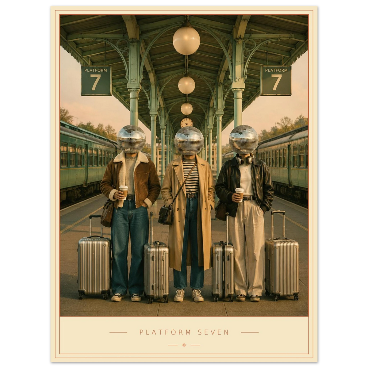 Platform Seven — mirrorball commuters in morning light, retro disco art print by WallDrip