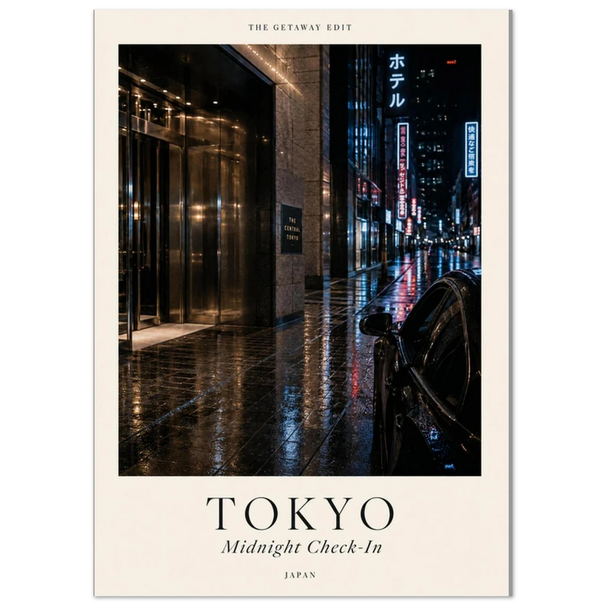 Tokyo, Midnight Check-In — neon rain-soaked street travel art print, moody WallDrip poster