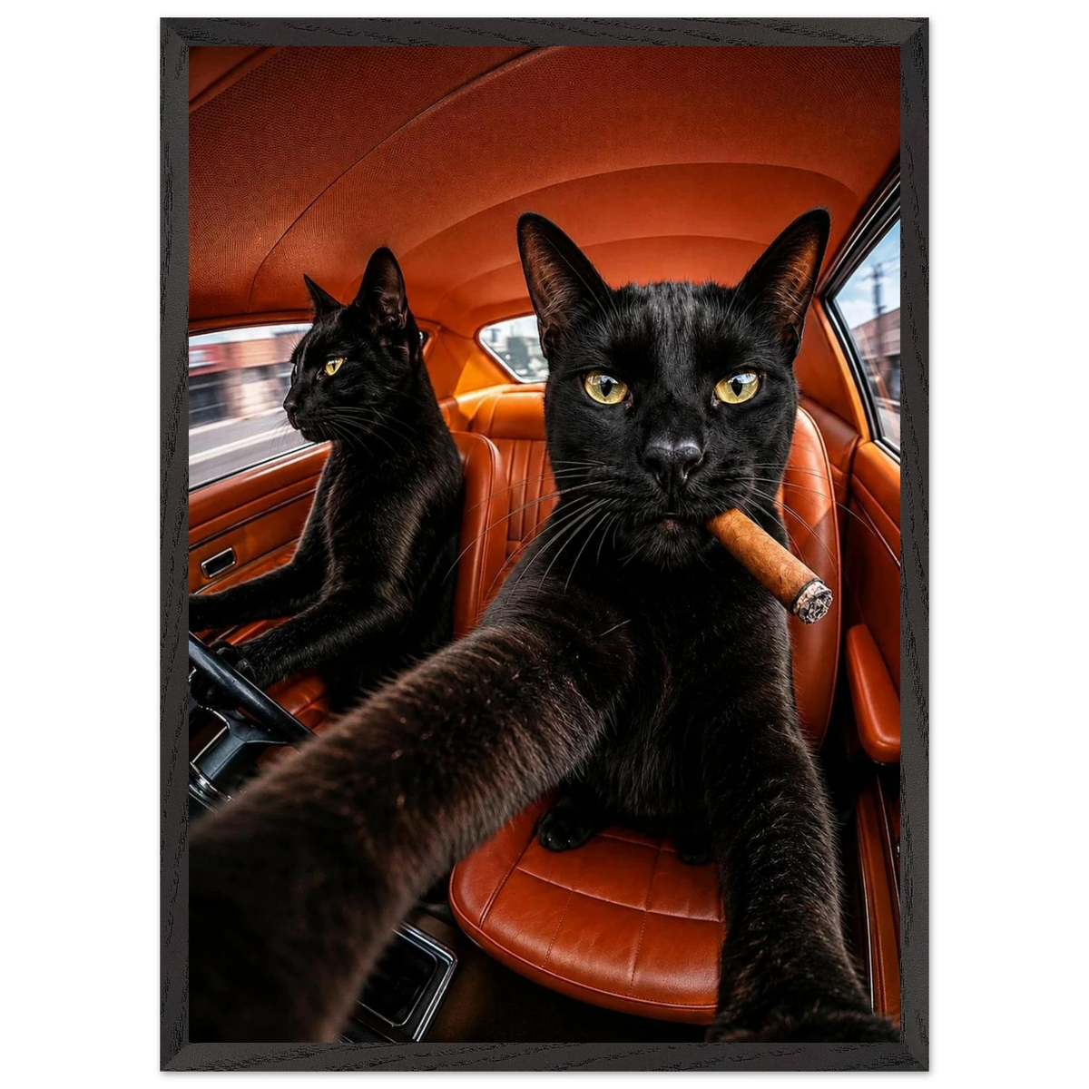 Ride or Pride — two black cats in a vintage car, bold WallDrip cat art print poster