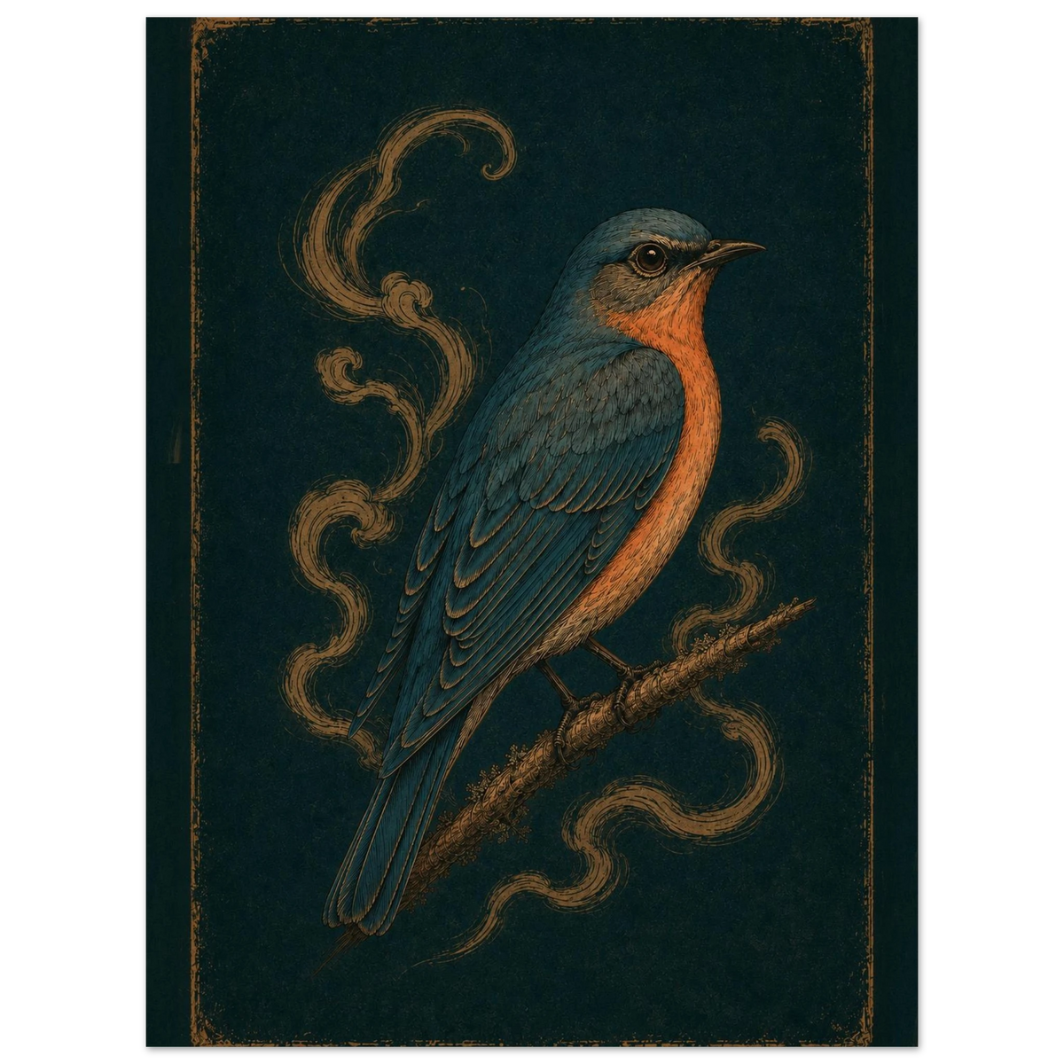 Ember Song — solitary blue bird with a burnt-orange chest, moody nature art print by WallDrip