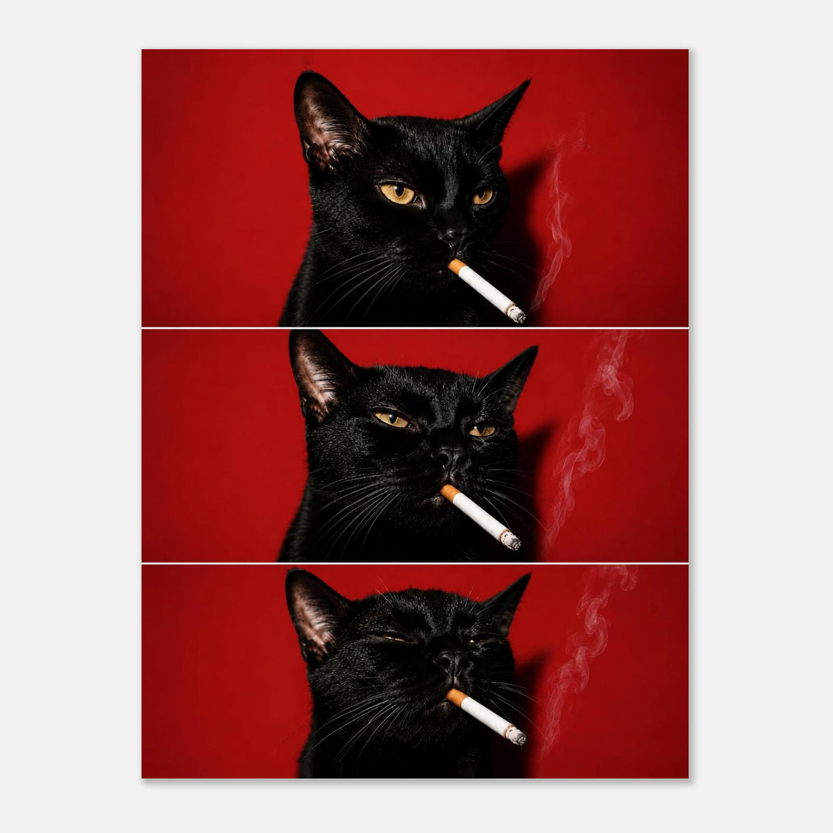 Nine Lives Later — quirky black cat art print on a red background, WallDrip wall art poster