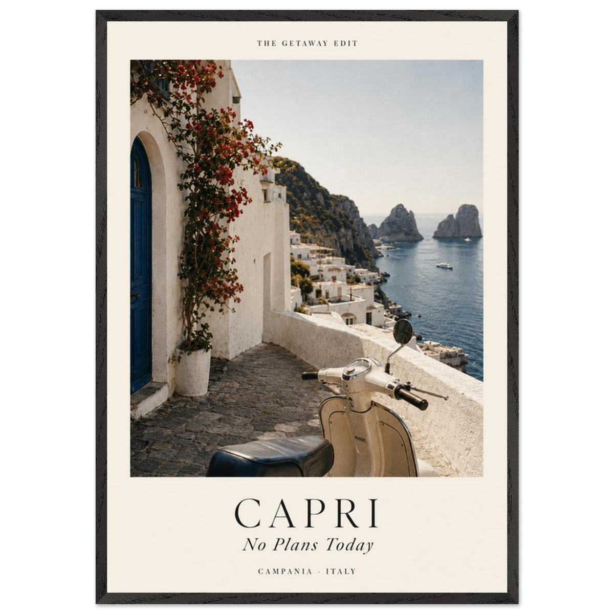 Capri, No Plans Today — sun-washed coast with a scooter and blue sea, Italian travel art print by WallDrip