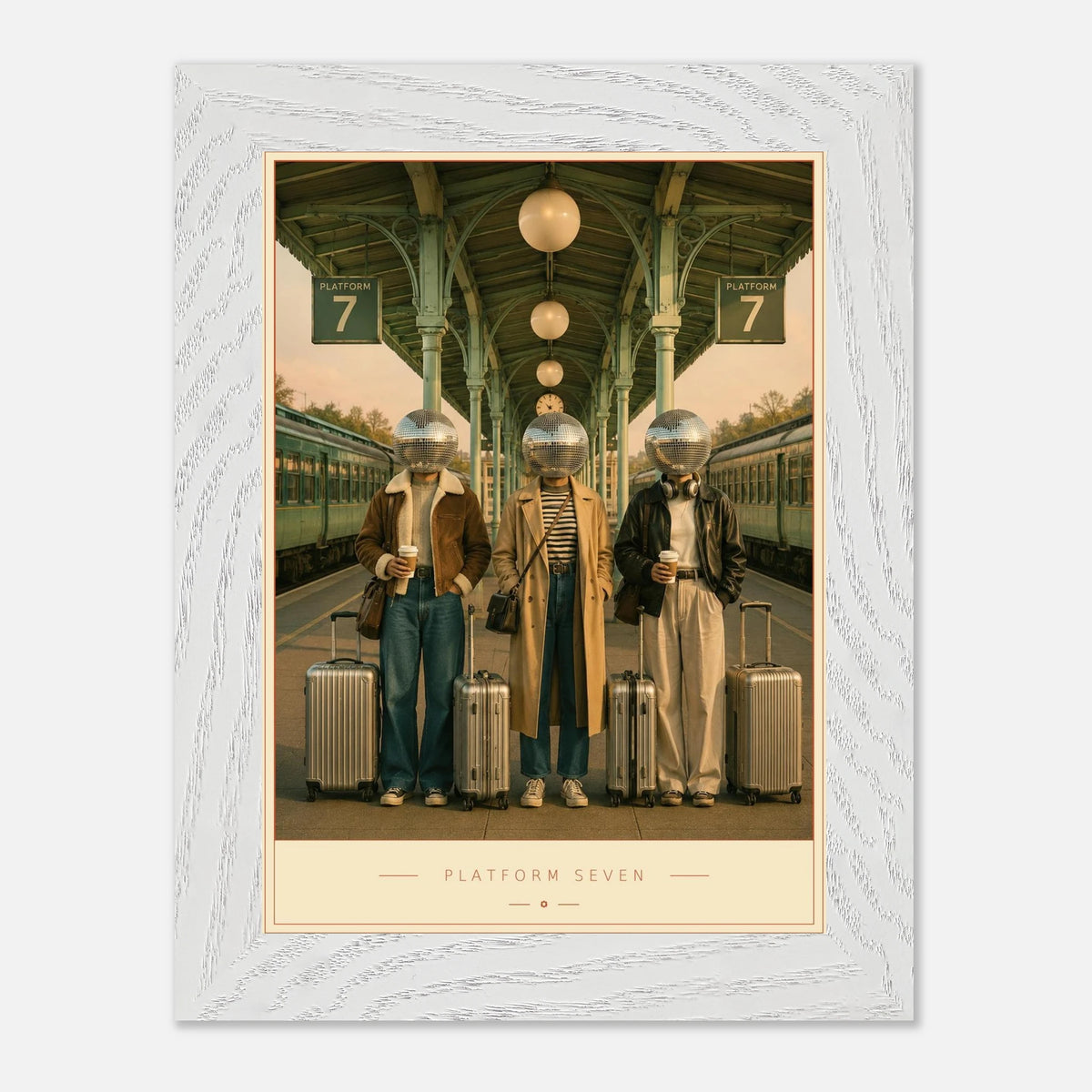 Platform Seven — mirrorball commuters in morning light, retro disco art print by WallDrip