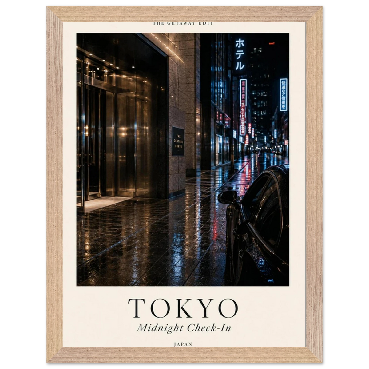 Tokyo, Midnight Check-In — neon rain-soaked street travel art print, moody WallDrip poster