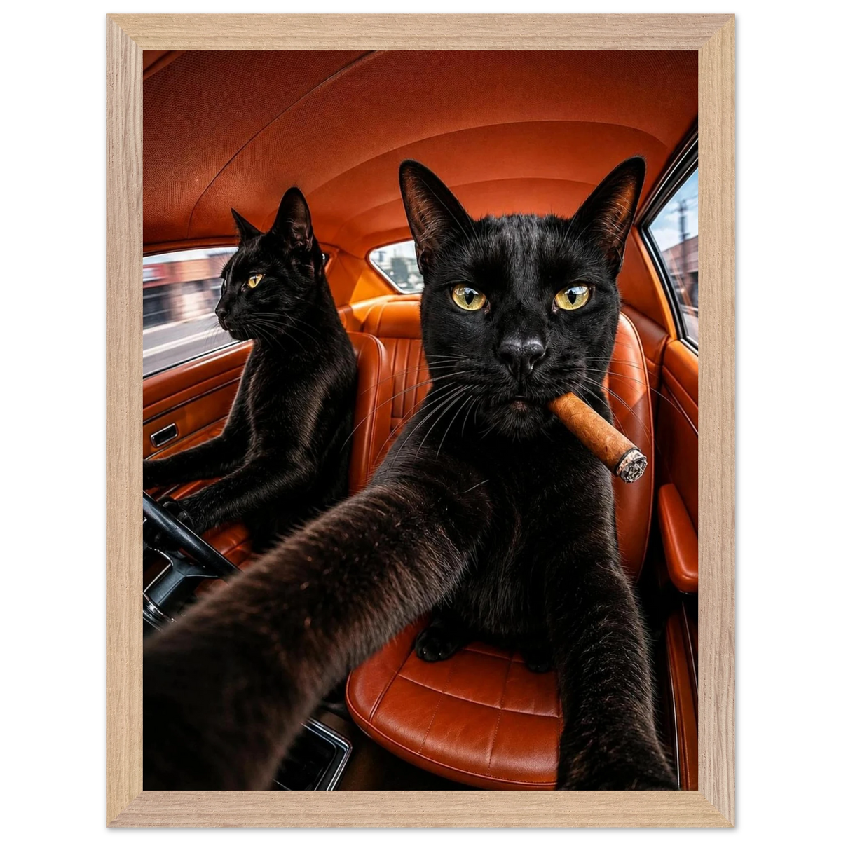 Ride or Pride — two black cats in a vintage car, bold WallDrip cat art print poster