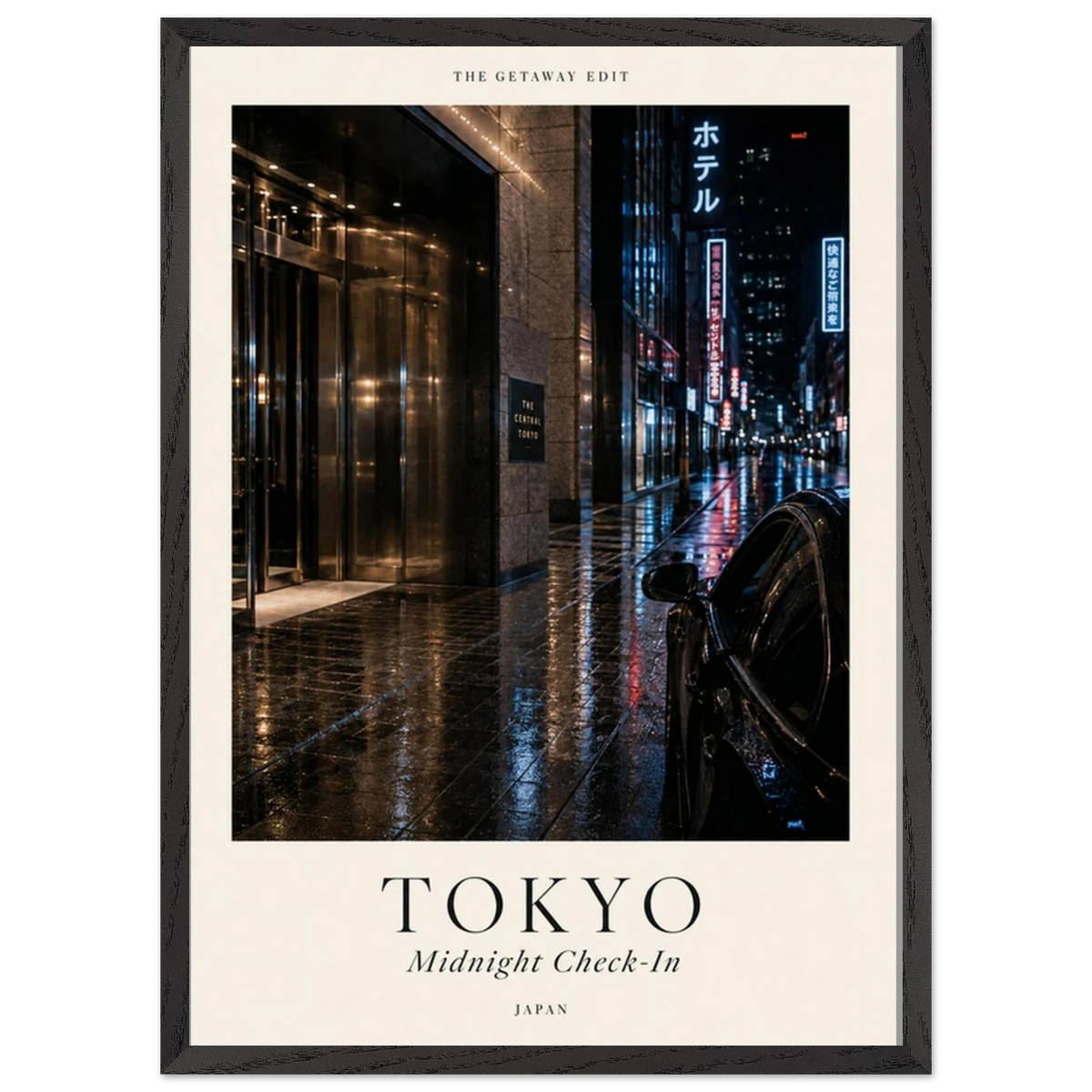 Tokyo, Midnight Check-In — neon rain-soaked street travel art print, moody WallDrip poster