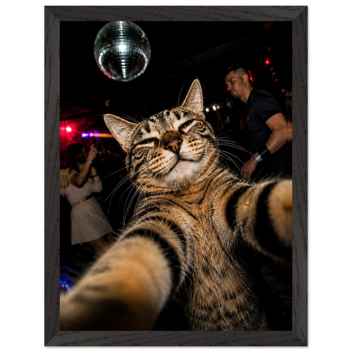 Party Animal — playful cat selfie art print with a disco ball, WallDrip wall art poster