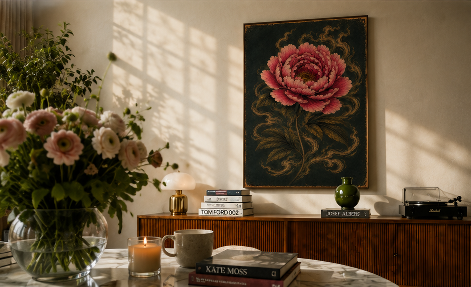 Feral Bloom — crimson peony on a dark ground, bold floral art print by WallDrip