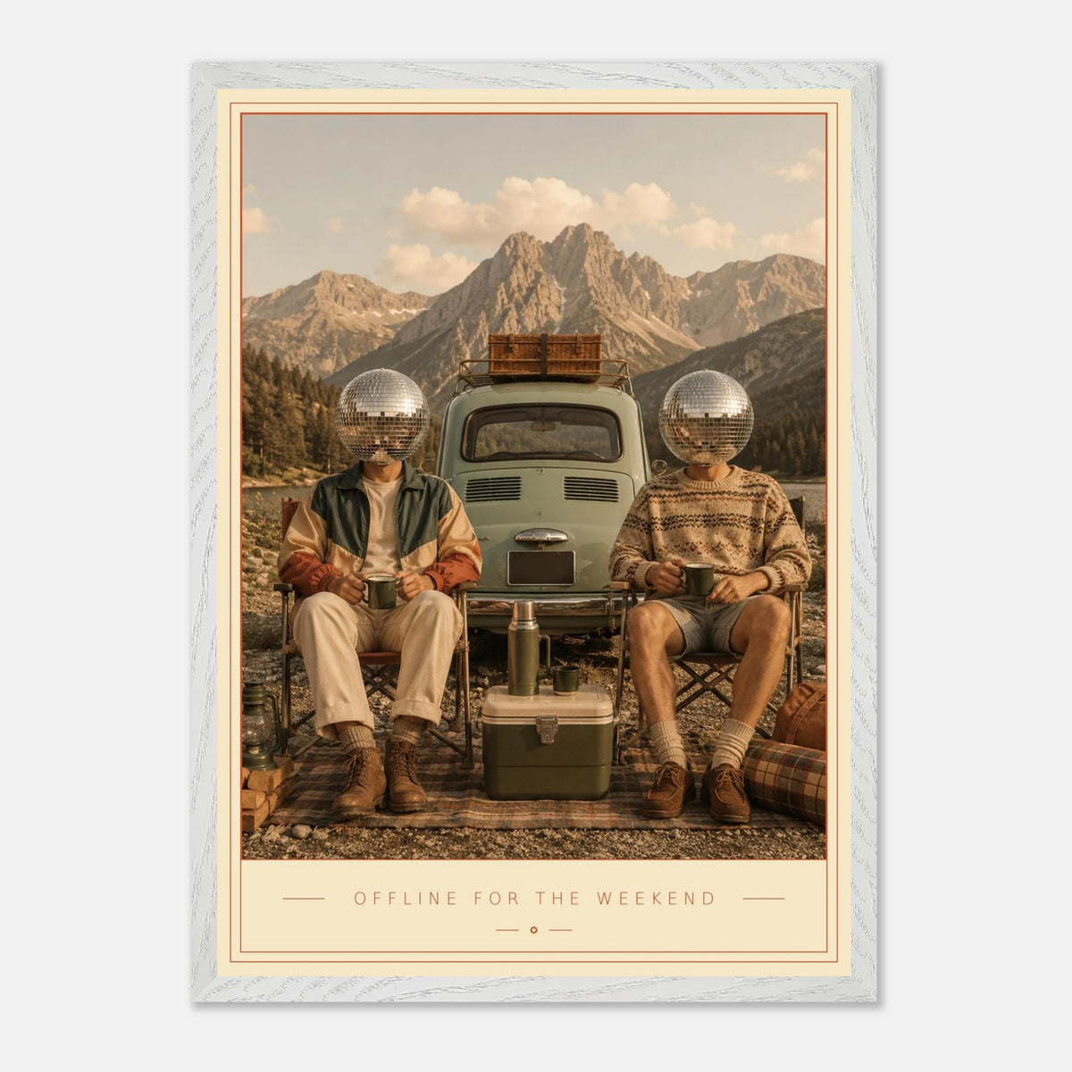Offline For The Weekend — disco heads and a vintage wagon by the mountains, retro art print by WallDrip