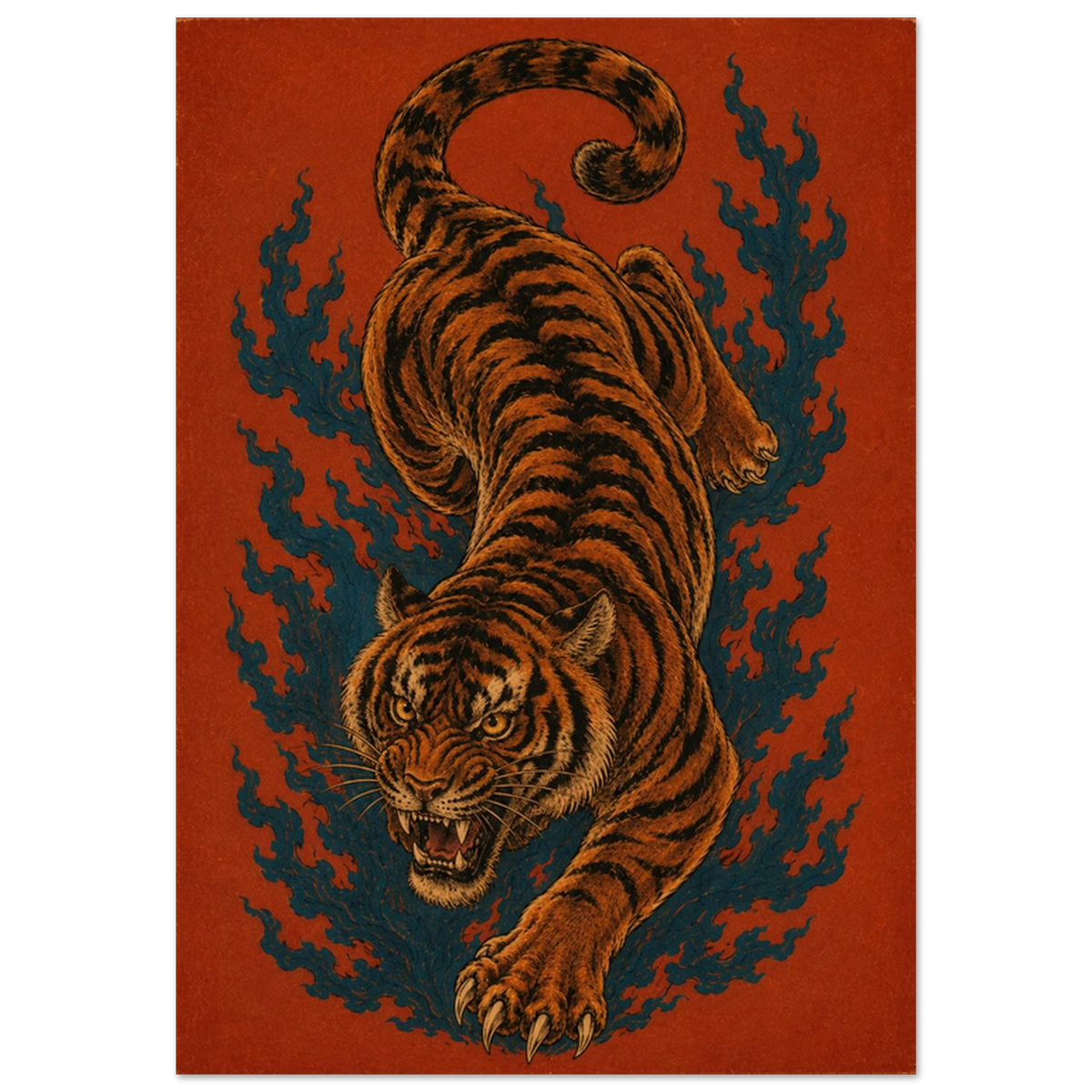 Burning Instinct — a tiger caught mid-movement, bold animal art print by WallDrip