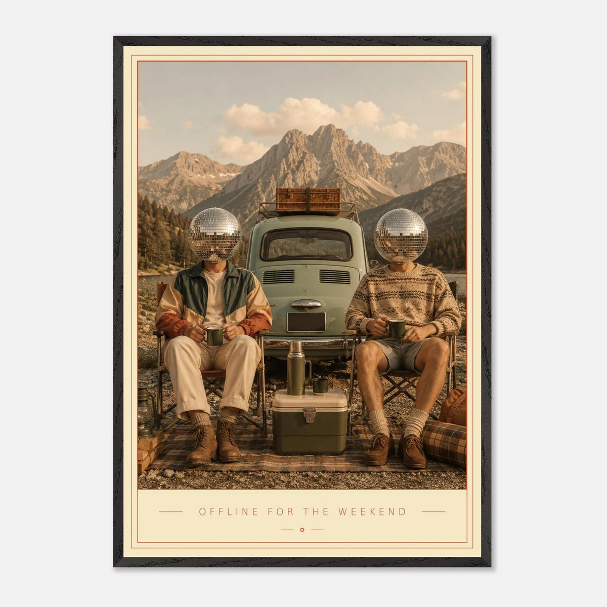 Offline For The Weekend — disco heads and a vintage wagon by the mountains, retro art print by WallDrip