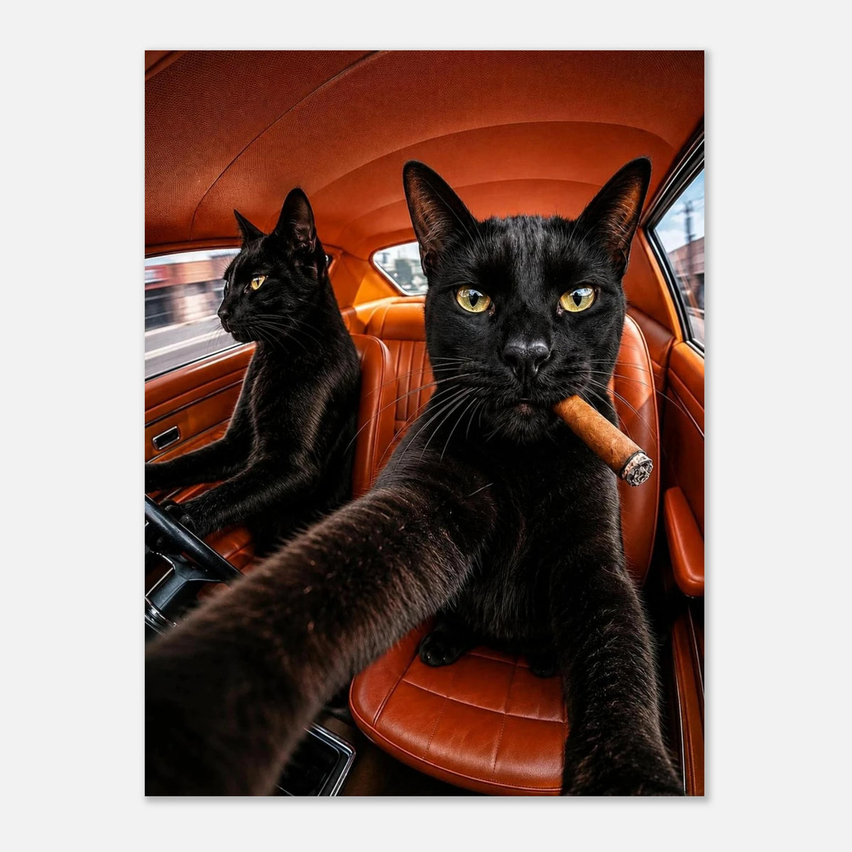 Ride or Pride — two black cats in a vintage car, bold WallDrip cat art print poster