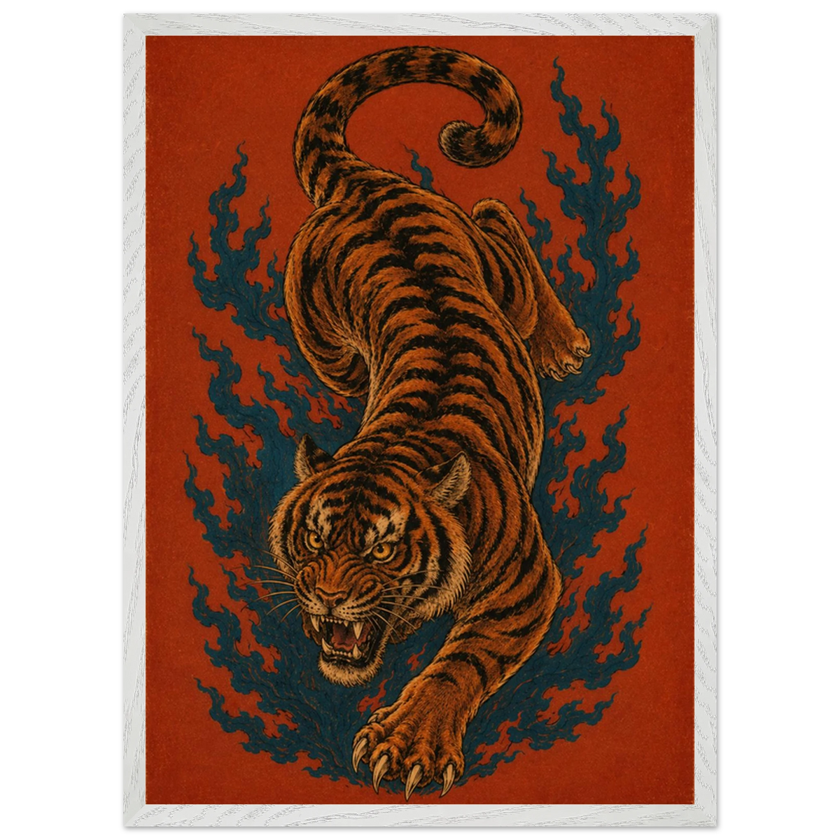 Burning Instinct — a tiger caught mid-movement, bold animal art print by WallDrip