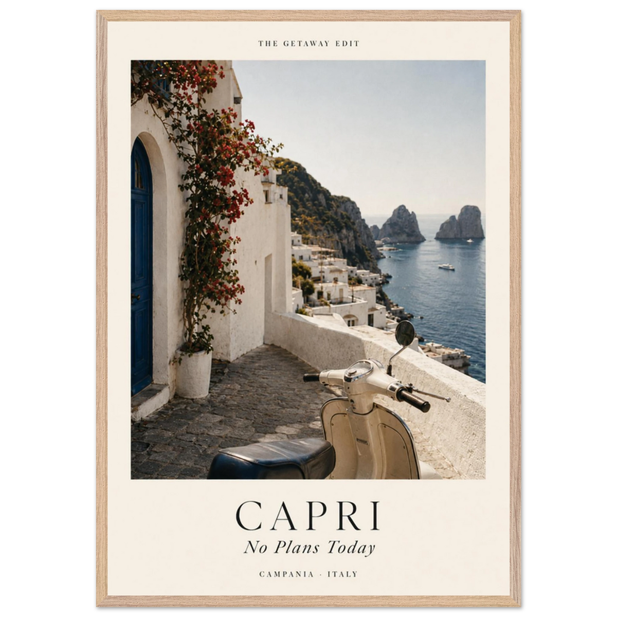 Capri, No Plans Today — sun-washed coast with a scooter and blue sea, Italian travel art print by WallDrip