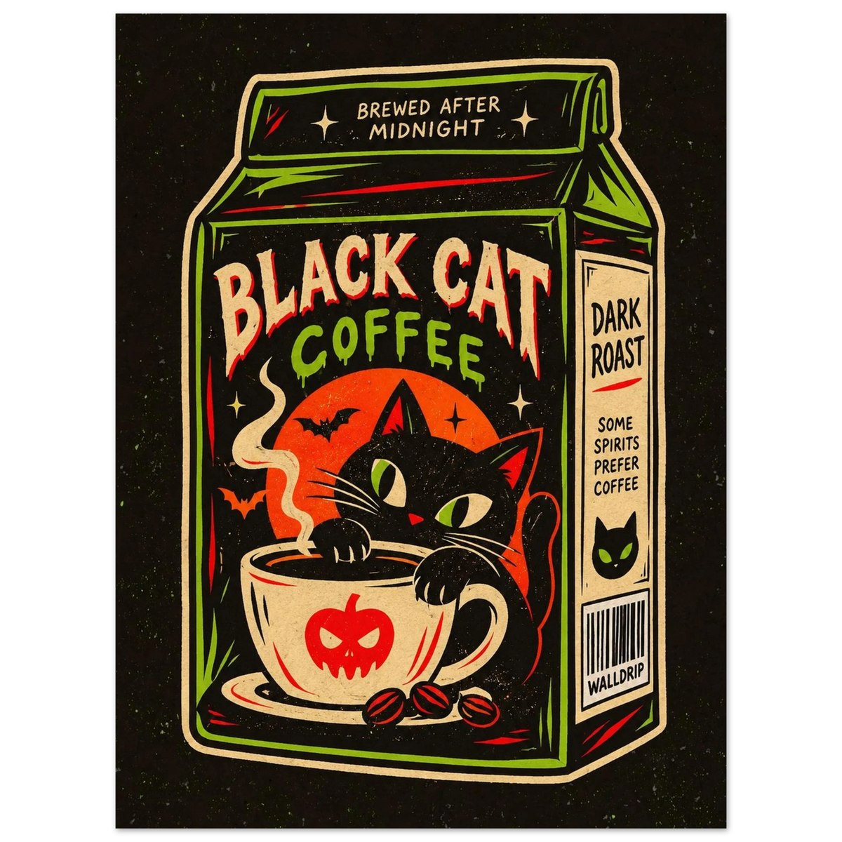 Black Cat Coffee — retro Halloween poster by WallDrip