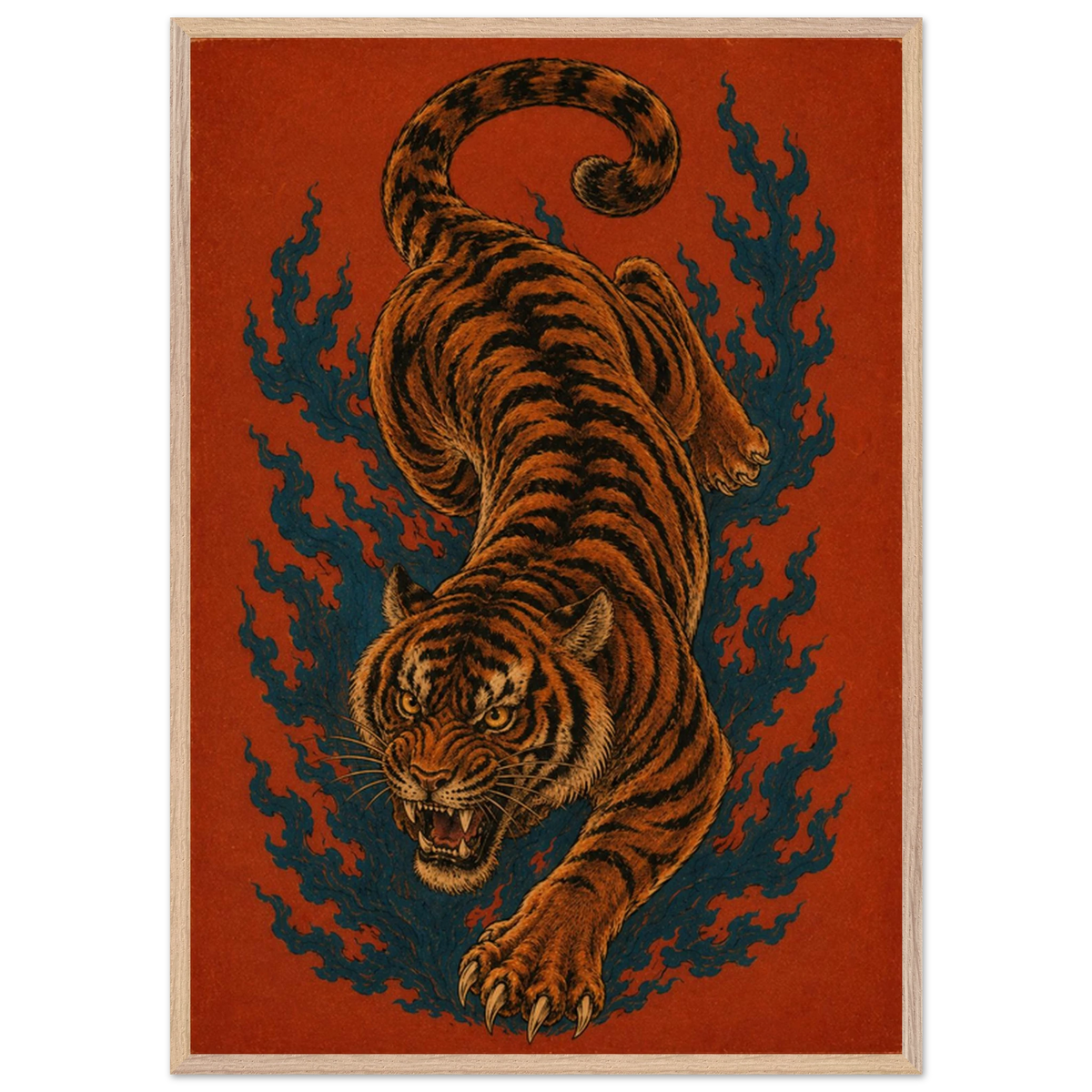 Burning Instinct — a tiger caught mid-movement, bold animal art print by WallDrip
