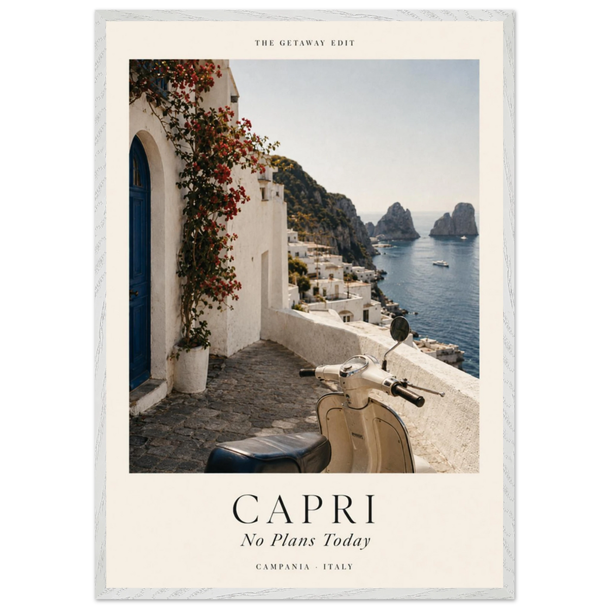 Capri, No Plans Today — sun-washed coast with a scooter and blue sea, Italian travel art print by WallDrip