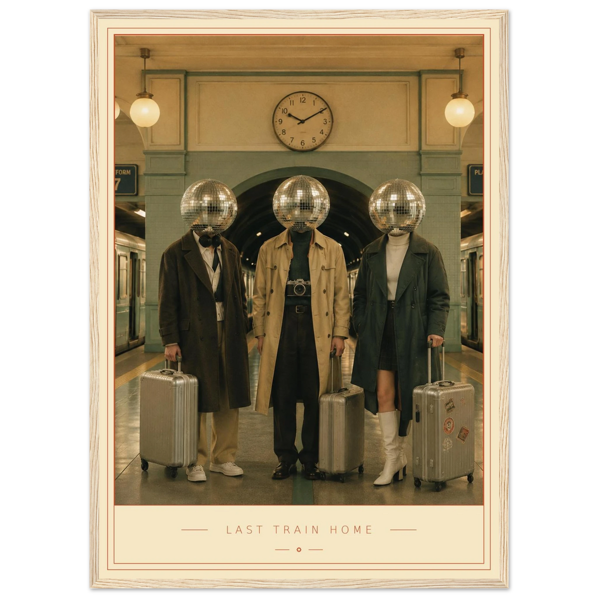 Last Train Home — mirrorball travellers on a lamp-lit platform, retro disco art print by WallDrip