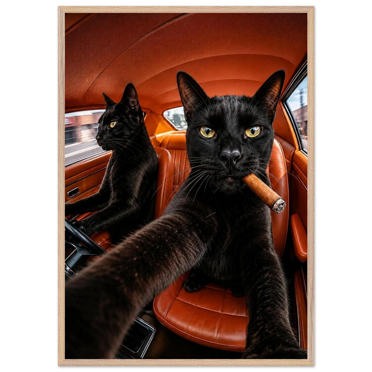 Ride or Pride — two black cats in a vintage car, bold WallDrip cat art print poster