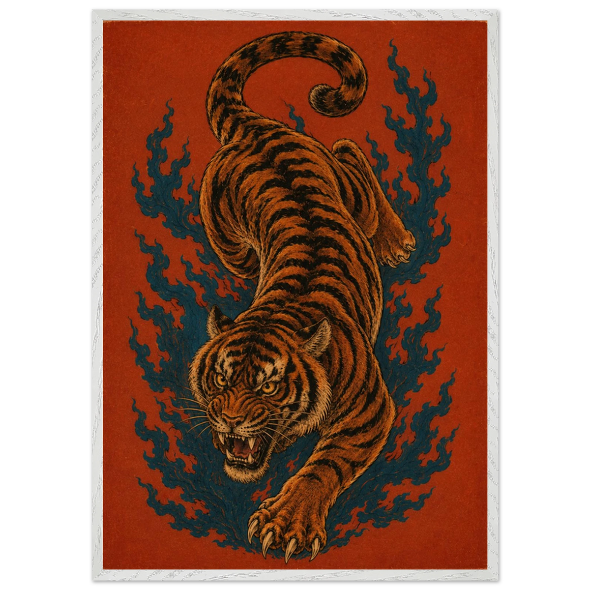 Burning Instinct — a tiger caught mid-movement, bold animal art print by WallDrip