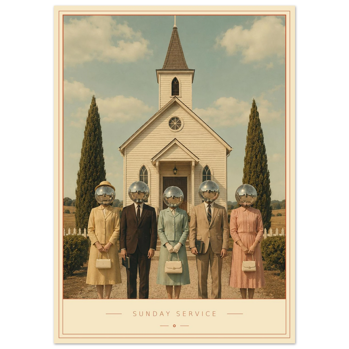 Sunday Service — mirrorball figures outside a white chapel, retro disco art print by WallDrip
