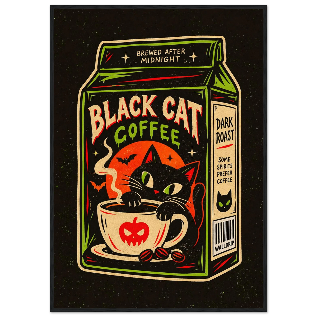 Black Cat Coffee — retro Halloween poster by WallDrip