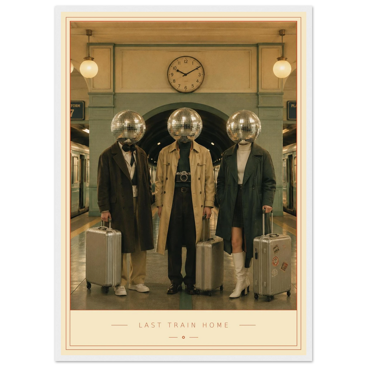 Last Train Home — mirrorball travellers on a lamp-lit platform, retro disco art print by WallDrip
