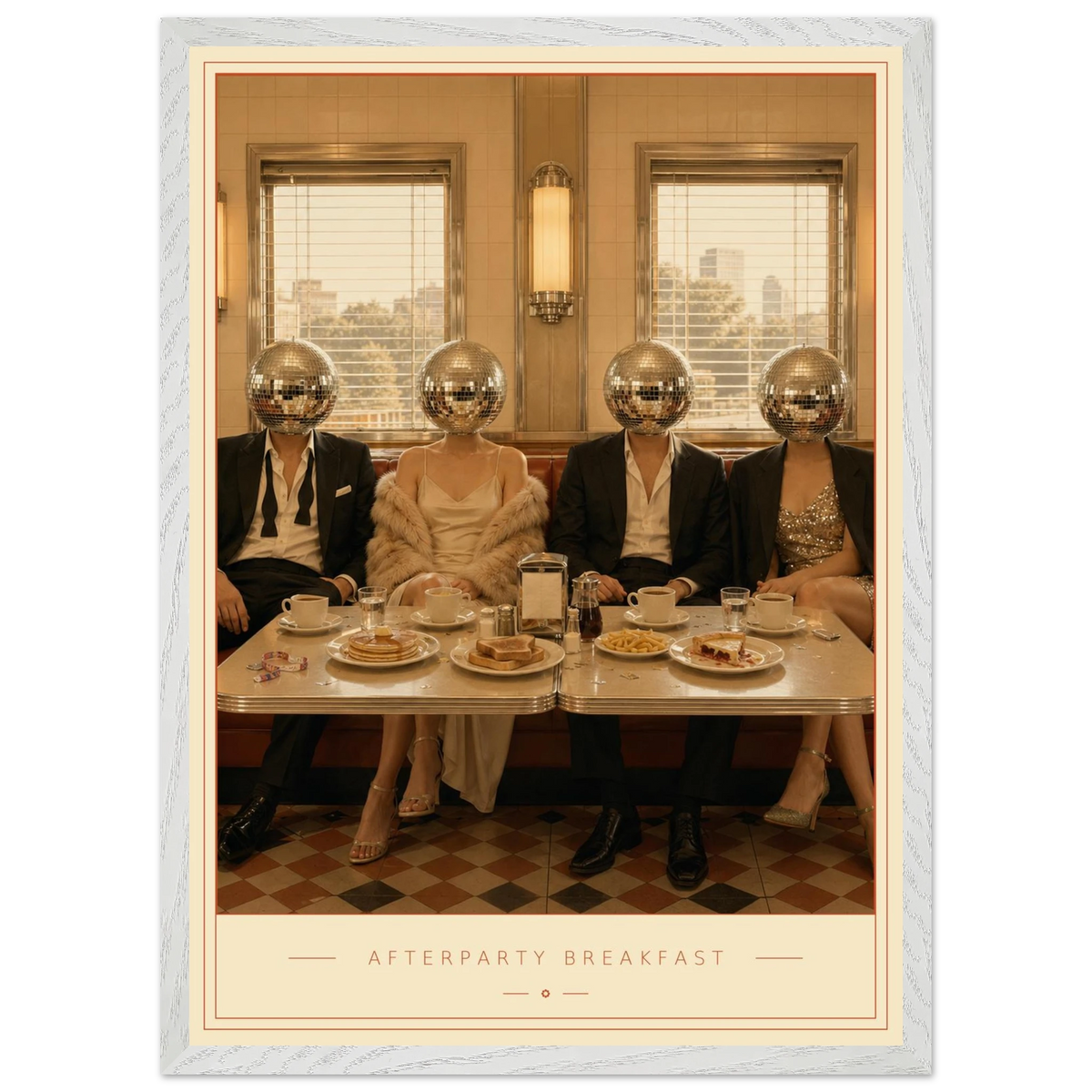Afterparty Breakfast — mirrorball heads in a chrome diner booth, retro disco art print by WallDrip