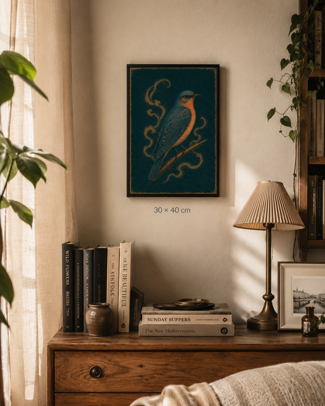 Ember Song — solitary blue bird with a burnt-orange chest, moody nature art print by WallDrip