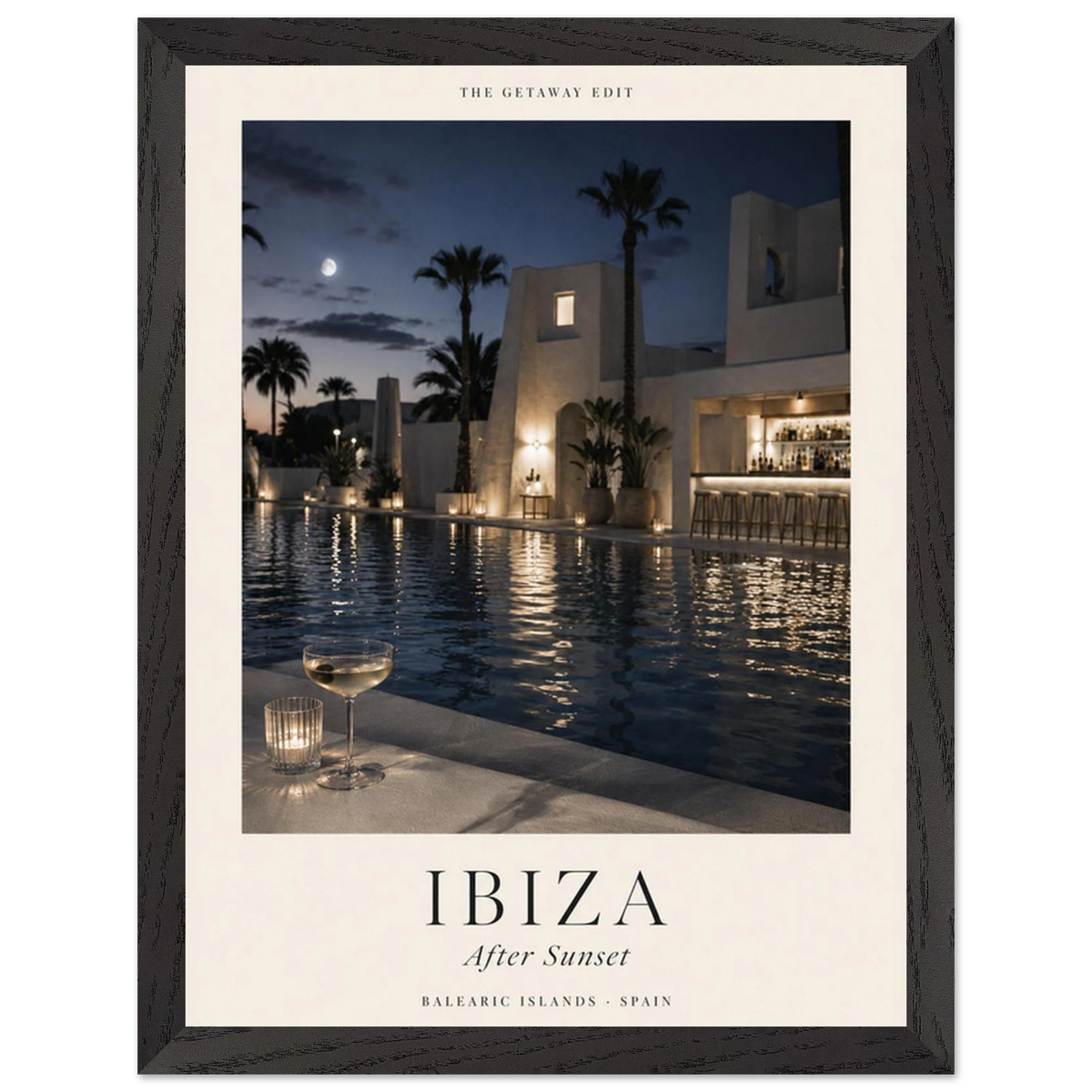 Ibiza, After Sunset — moonlit pool and palms, calm travel art print by WallDrip