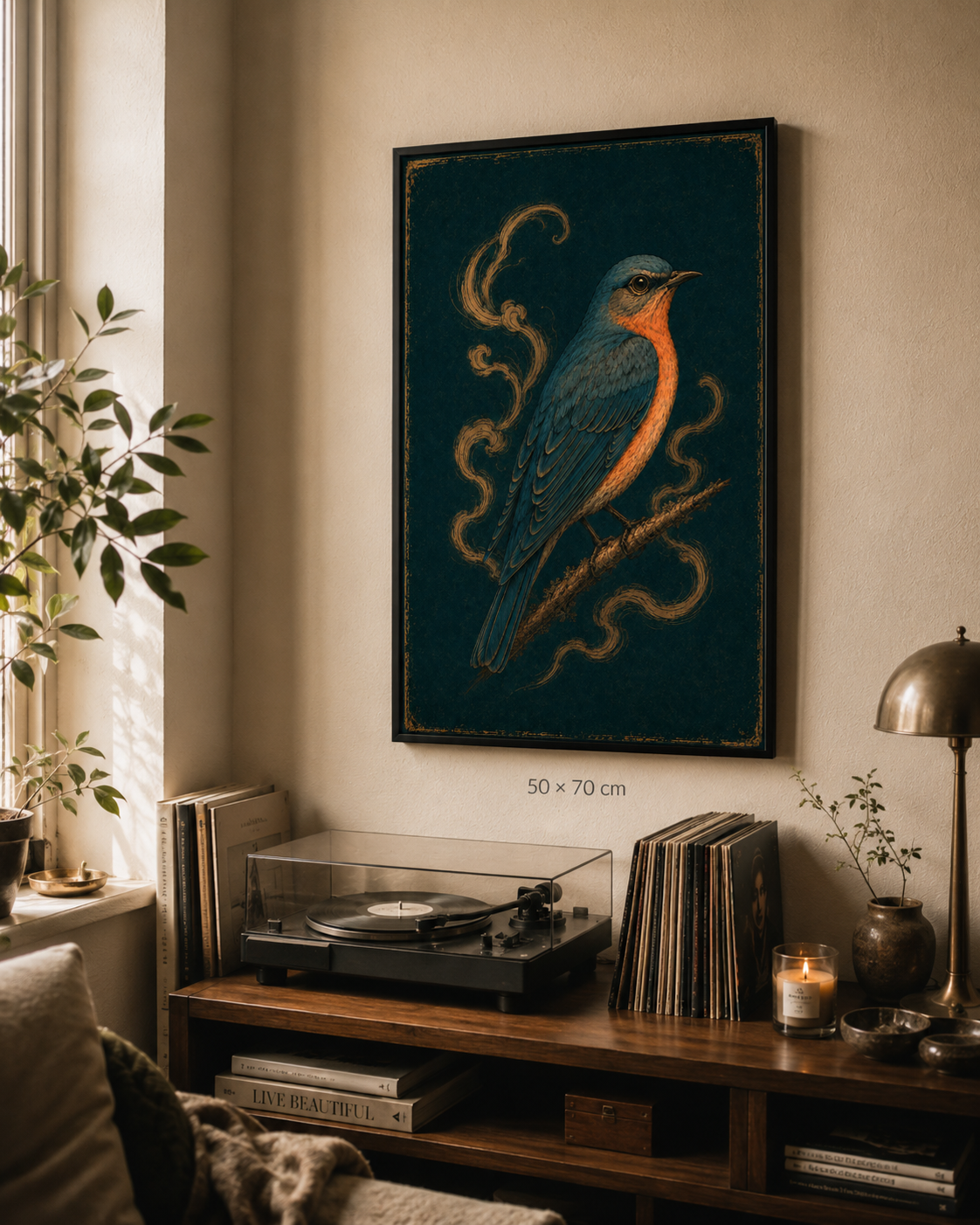 Ember Song — solitary blue bird with a burnt-orange chest, moody nature art print by WallDrip