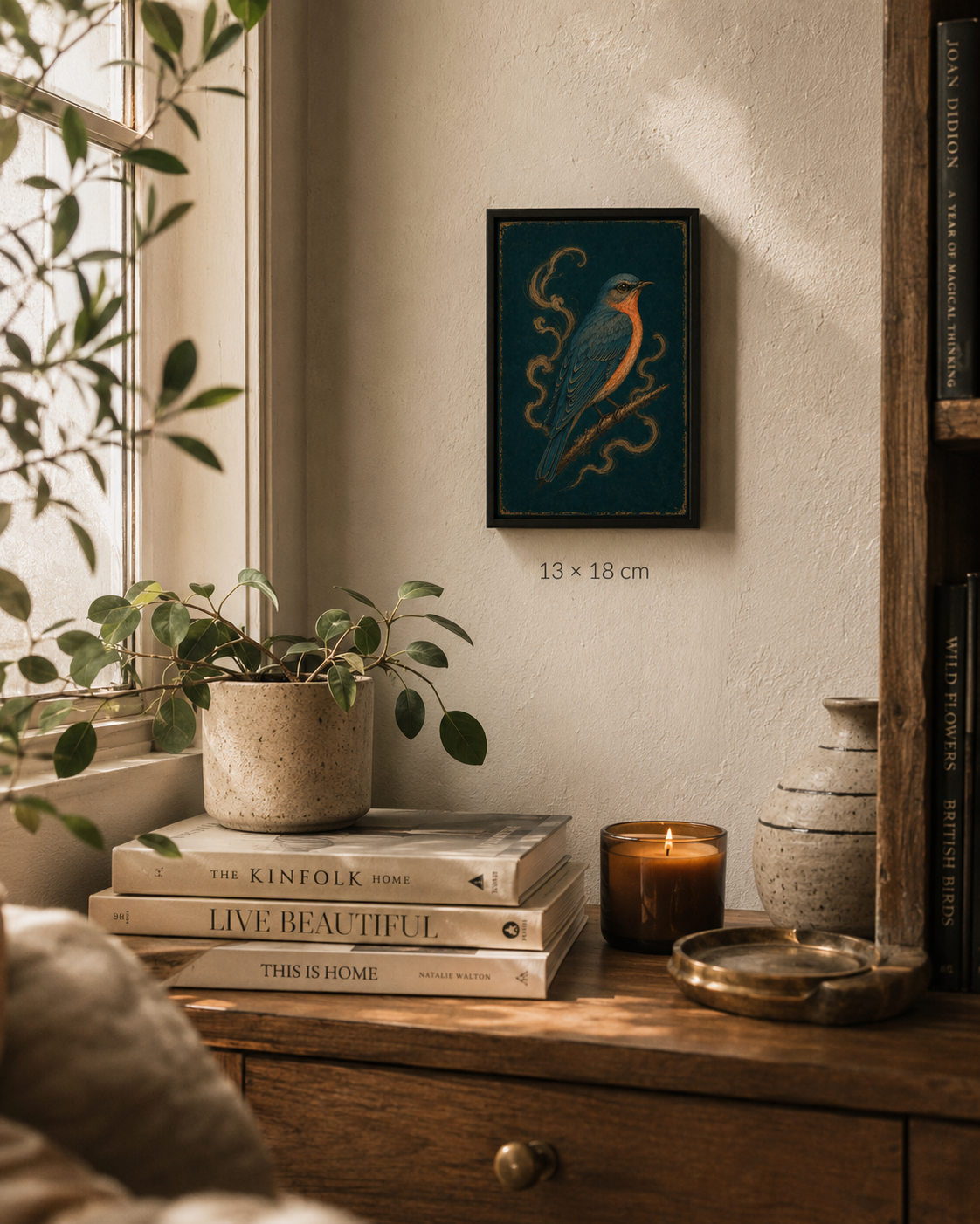Ember Song — solitary blue bird with a burnt-orange chest, moody nature art print by WallDrip