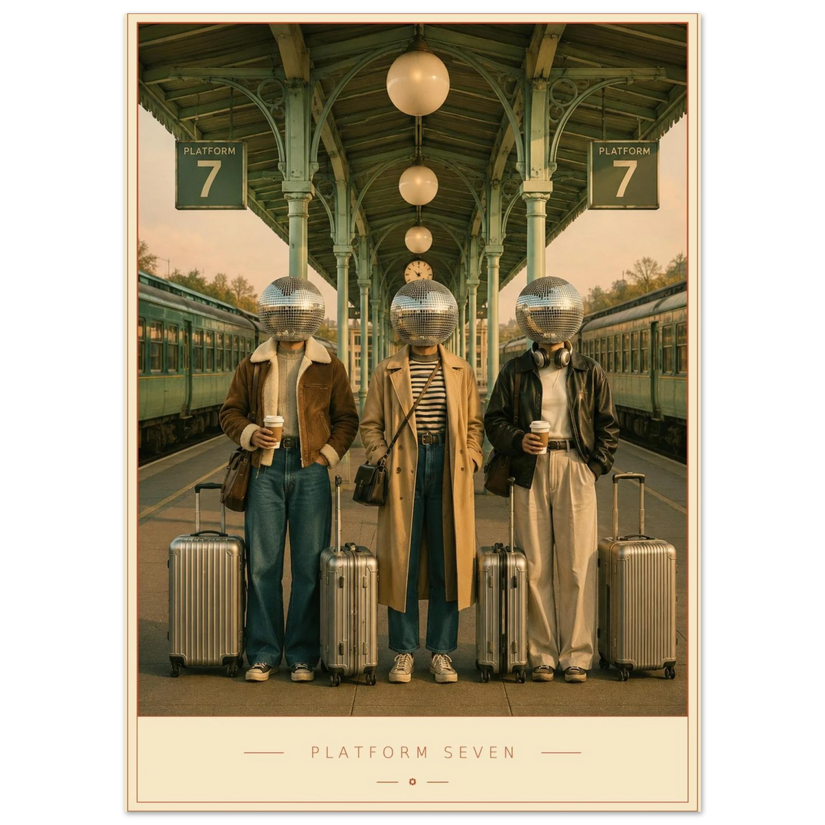 Platform Seven — mirrorball commuters in morning light, retro disco art print by WallDrip
