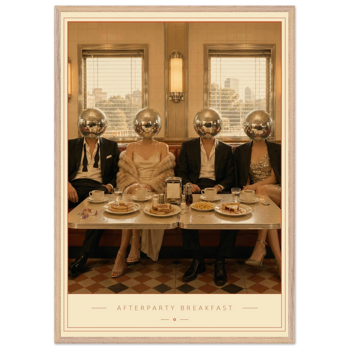 Afterparty Breakfast — mirrorball heads in a chrome diner booth, retro disco art print by WallDrip