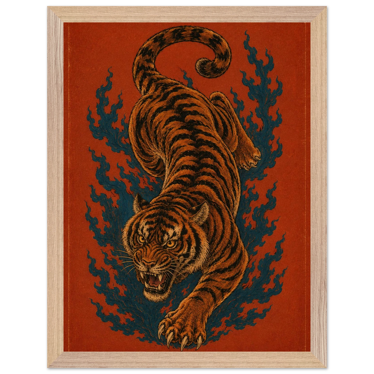 Burning Instinct — a tiger caught mid-movement, bold animal art print by WallDrip