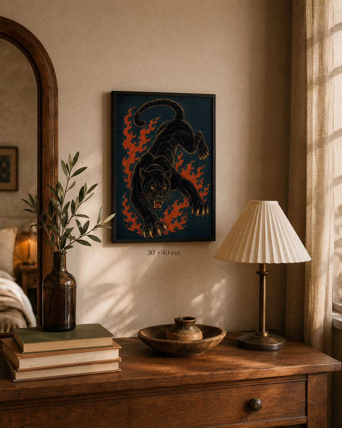 Inferno Panther — black panther through red flame, bold animal art print by WallDrip