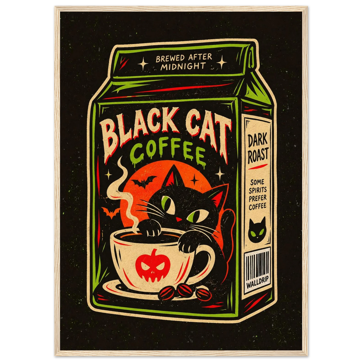 Black Cat Coffee — retro Halloween poster by WallDrip