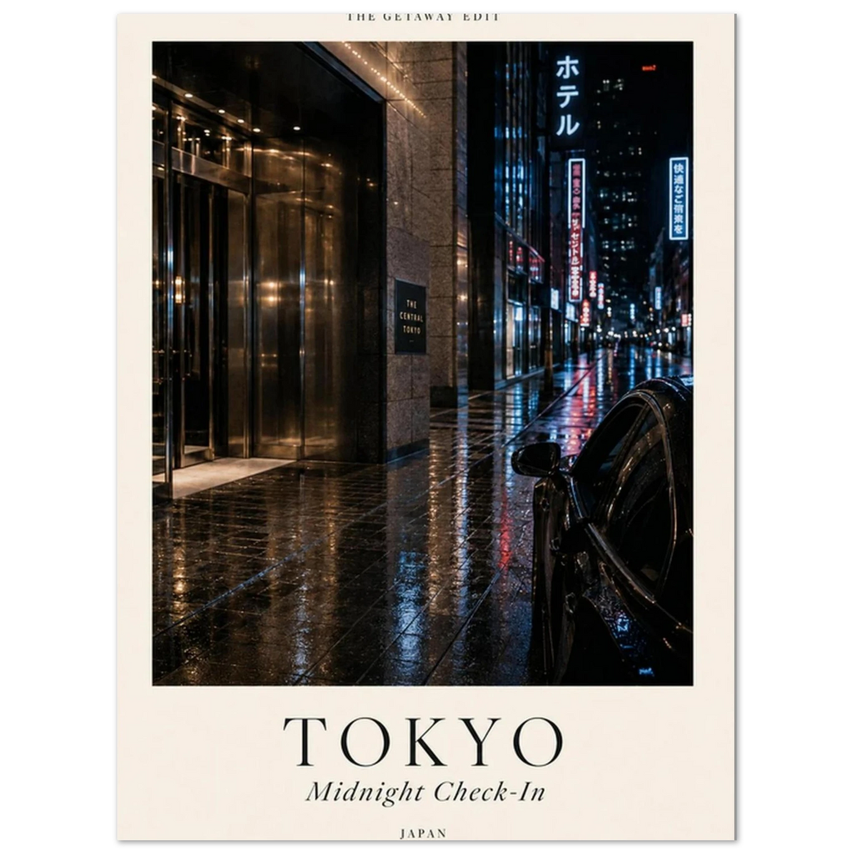 Tokyo, Midnight Check-In — neon rain-soaked street travel art print, moody WallDrip poster