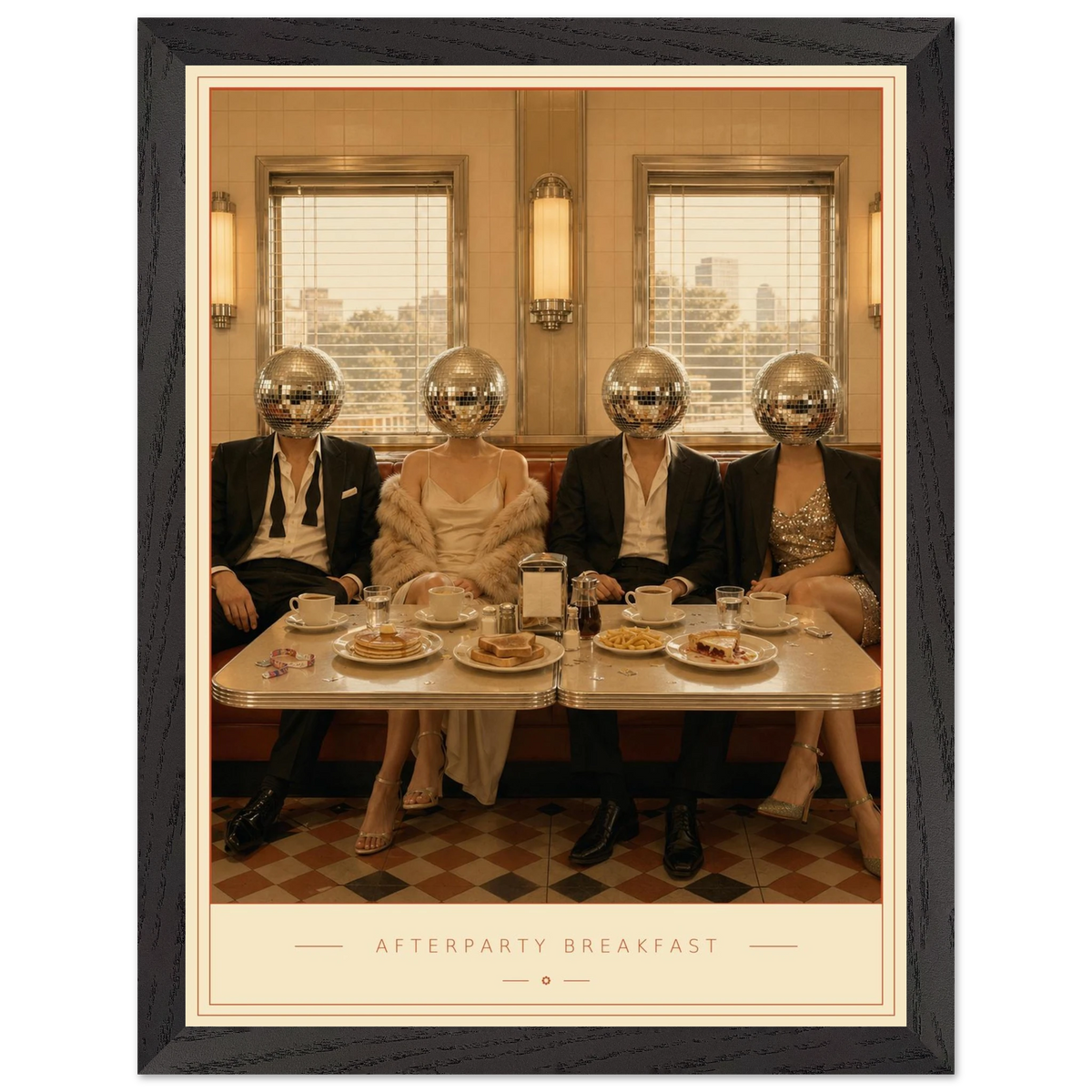 Afterparty Breakfast — mirrorball heads in a chrome diner booth, retro disco art print by WallDrip