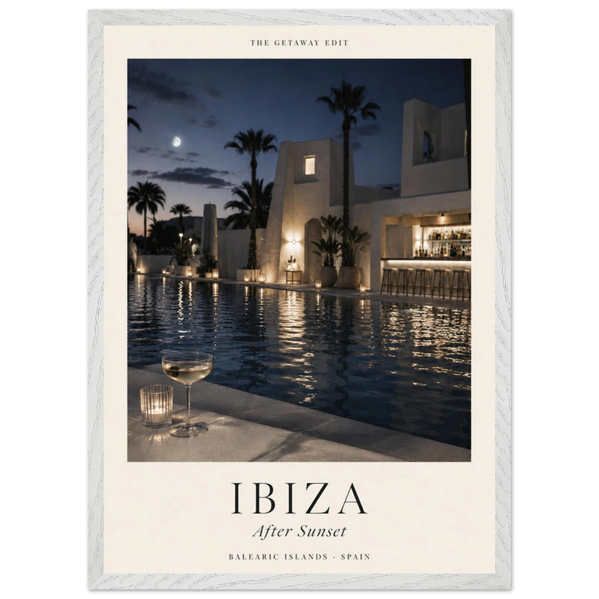 Ibiza, After Sunset — moonlit pool and palms, calm travel art print by WallDrip